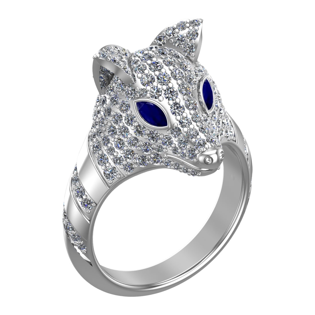 2.31 Ctw VS/SI1 Blue Sapphire and Diamond 14k white Gold Animal theme Ring: Center Stone Weight :-0.20 Ctw ( MarquiseCut) Center Stone Color :-Blue Sapphire Center Stone Setting : Prong Side Diamond Weight Of Ctw :- 2.11 Ctw Color : J-K Clarity : VS/SI1 Daimond Setting :