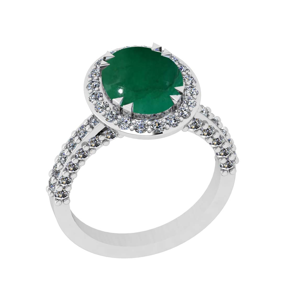 5.43 Ctw VS/SI1 Emerald and Diamond Prong Set 14k White Gold Engagement Rin: Center Stone Weight :-3.93 Ctw ( Oval Cab ) Center Stone Color :-Emerald Center Stone Setting : Prong Side Diamond Weight Of Ctw :- 1.50 Ctw Color : J-K Clarity : VS/SI1 Daimond Setting : Prong Metal