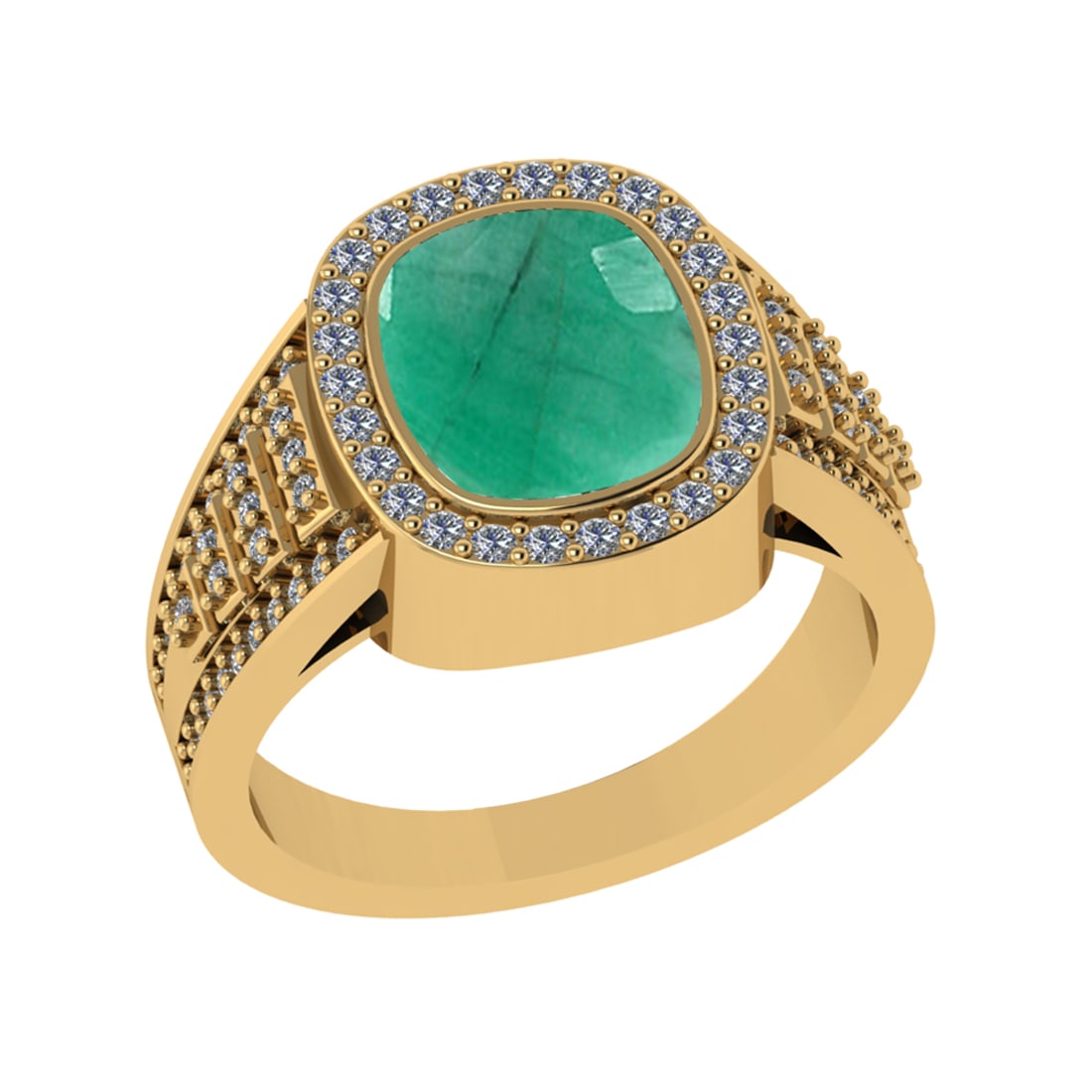 3.28 Ctw VS/SI1 Emerald and Diamond 14k Yellow Gold Engagement Ring (ALL DI: Center Stone Weight :-2.70 Ctw ( Cushion Cut) Center Stone Color :-Emerald Center Stone Setting : Prong Side Diamond Weight Of Ctw 0.58 Ctw Color : G-H Clarity : VS/SI1 Daimond Setting : Prong Metal W