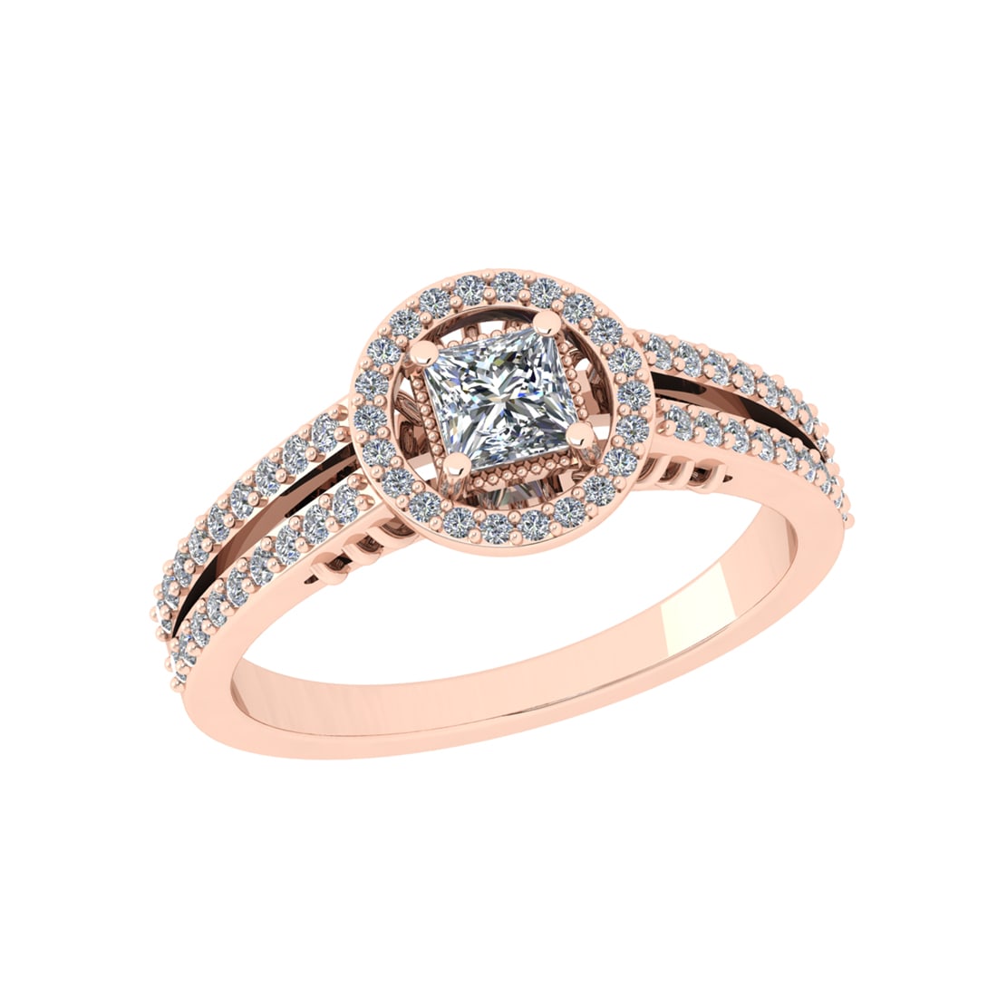 0.78 Ctw SI2/SI1 Diamond Prong Set 14k Rose Gold Engagement Halo Ring: Center Daimond Weight :-0.39 Ctw ( Princess Cut) Color : G-H Clarity : SI2/SI1 Side Diamond Weight Of Ctw 0.39 Ctw Color : G-H Clarity : SI2/SI1 Daimond Setting : Prong Metal Weight : Approx 4.20 gram