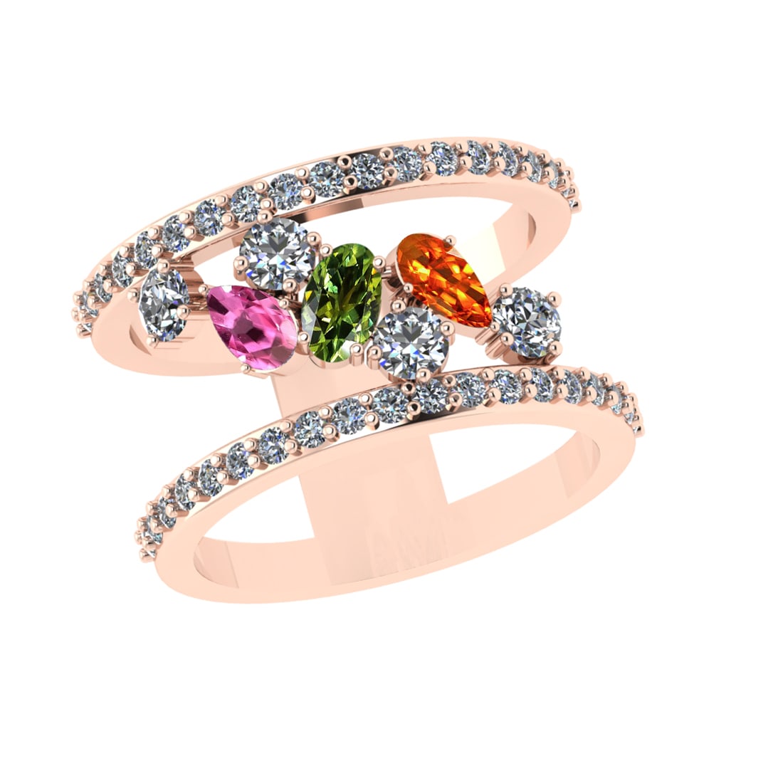 1.72 Ctw VS/SI1 Multi Sapphire and Diamond 14k Rose Gold Engagement Ring (A: Multi Stone Weight :-0.71 Ctw ( Oval & Pear Cut) Multi Stone Color :- Pink,Green,Orange Sapphire Center Stone Setting : Prong Side Diamond Weight Of Ctw :- 1.01 Ctw Color : F-G Clarity : VS/SI1