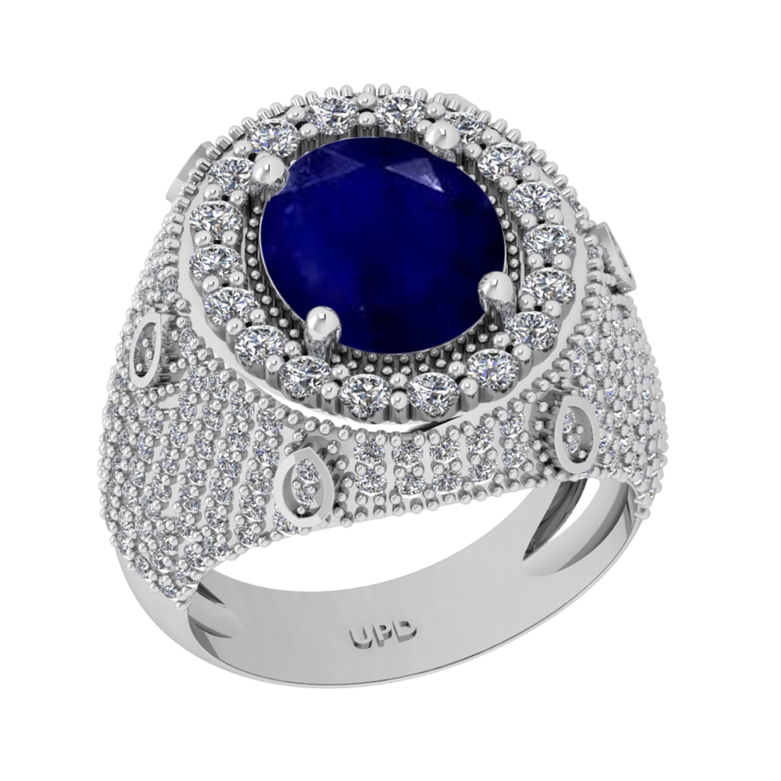 7.00 Ctw VS/SI1 Blue Sapphire And Diamond 14K White Gold Engagement Ring: Center Stone Weight : 5.10 Ctw ( Oval Cut ) Center Stone Color : Blue Sapphire Stone Setting : Prong Side Diamond Weight Of Ctw1.90 Ctw Side Stone Color : G-H Stone Clarity : VS/SI1 Stone Setting : Pr