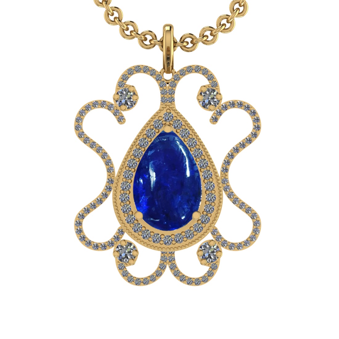 16.10 Ctw VS/SI1 Tanzanite and Diamond 14K Yellow Gold Pendant: Center Stone Weight : 13.36 Ctw ( Pear Cut) Center Stone Color :-Tanzanite Setting : Prong Side Weight Of Ctw 2.34 Ctw Color : J-K Clarity :VS/SI1 Stone Setting : Prong Metal Weight : Approx 12.90 gra
