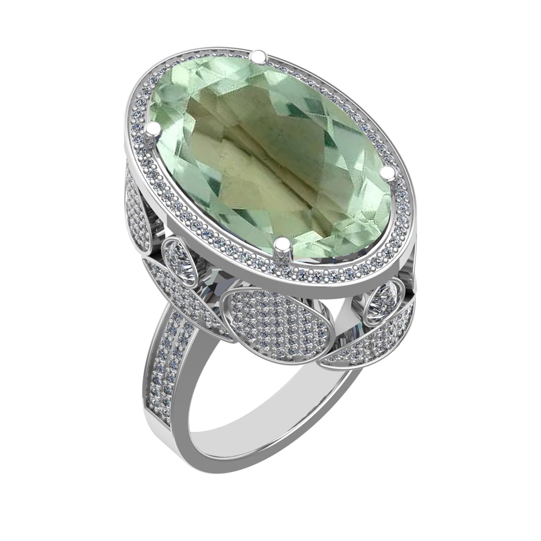 18.52 Ctw VS/SI1 Green Amethyst and Diamond 14K White Gold Engagement Ring: Color Stone Weight : 15.98 Ctw ( Oval Cut) Stone Color :- Green Amethyst Center Stone Setting : Prong Side Weight Of Ctw 2.54 Ctw Color : J-K Clarity : VS/SI1 Stone Setting : Prong Metal Weight : Appr