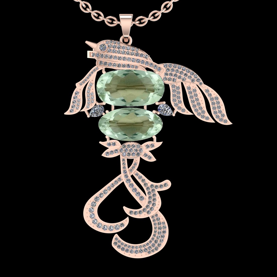 35.56 Ctw VS/SI1 Green Amethyst And Diamond 14k Rose Gold Pendant Neklace(: Center Stone Weight : 31.03 Ctw ( Oval Cut ) Center Stone Color : Green Amethyst Stone Setting : Prong Side Diamond Weight Of Ctw 4.53 Ctw Side Stone Color : J-K Stone Clarity : VS/SI1 Stone Setting