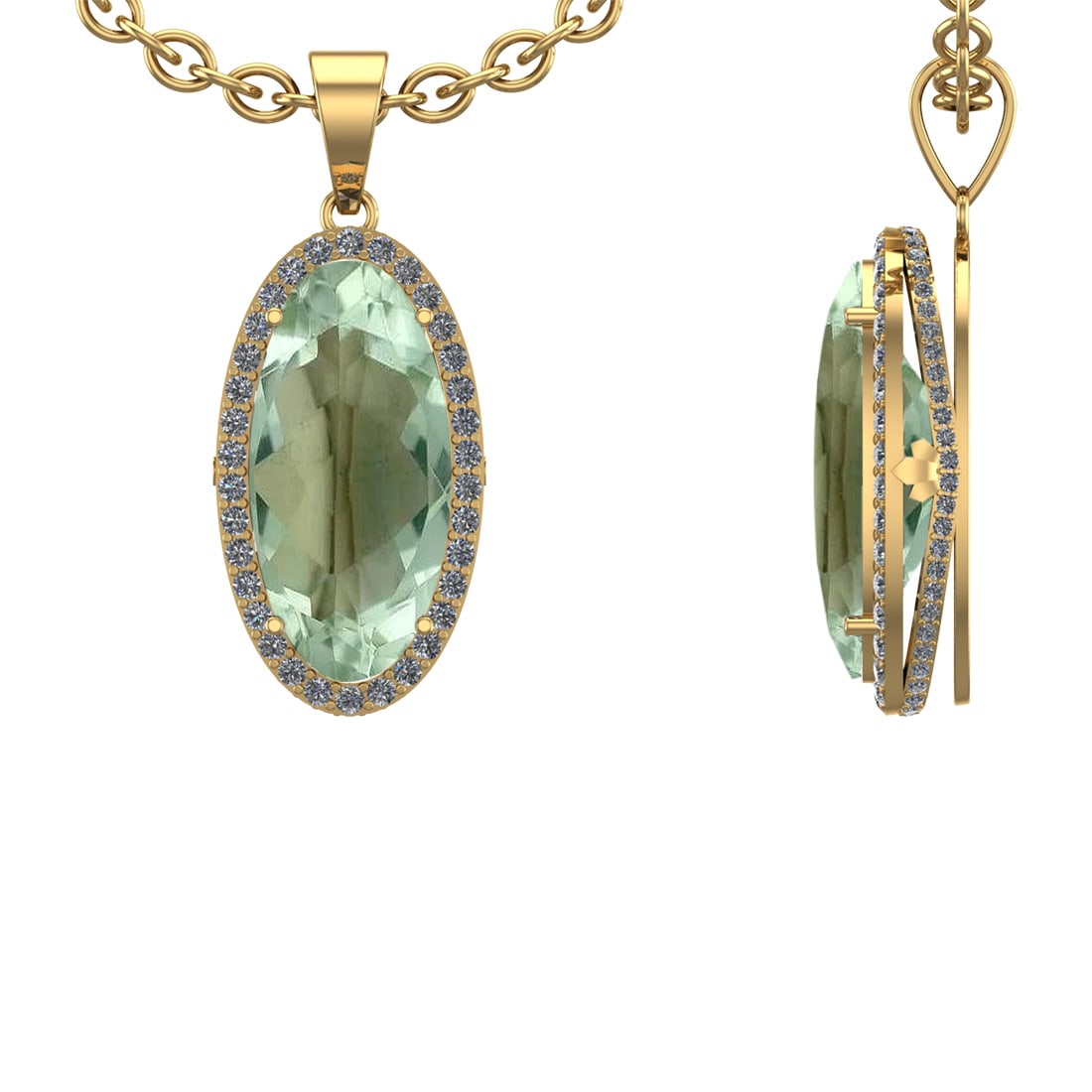 17.79 Ctw VS/SI1 Green Amethyst and Diamond 14K Yellow Gold Necklace (ALL D: Color Stone Weight : 16.51 Ctw ( Oval Cut) Stone Color :- Green Amethyst Center Stone Setting : Prong Side Weight Of Ctw 1.28 Ctw Color : J-K Clarity : VS/SI1 Stone Setting : Prong Metal Weight :