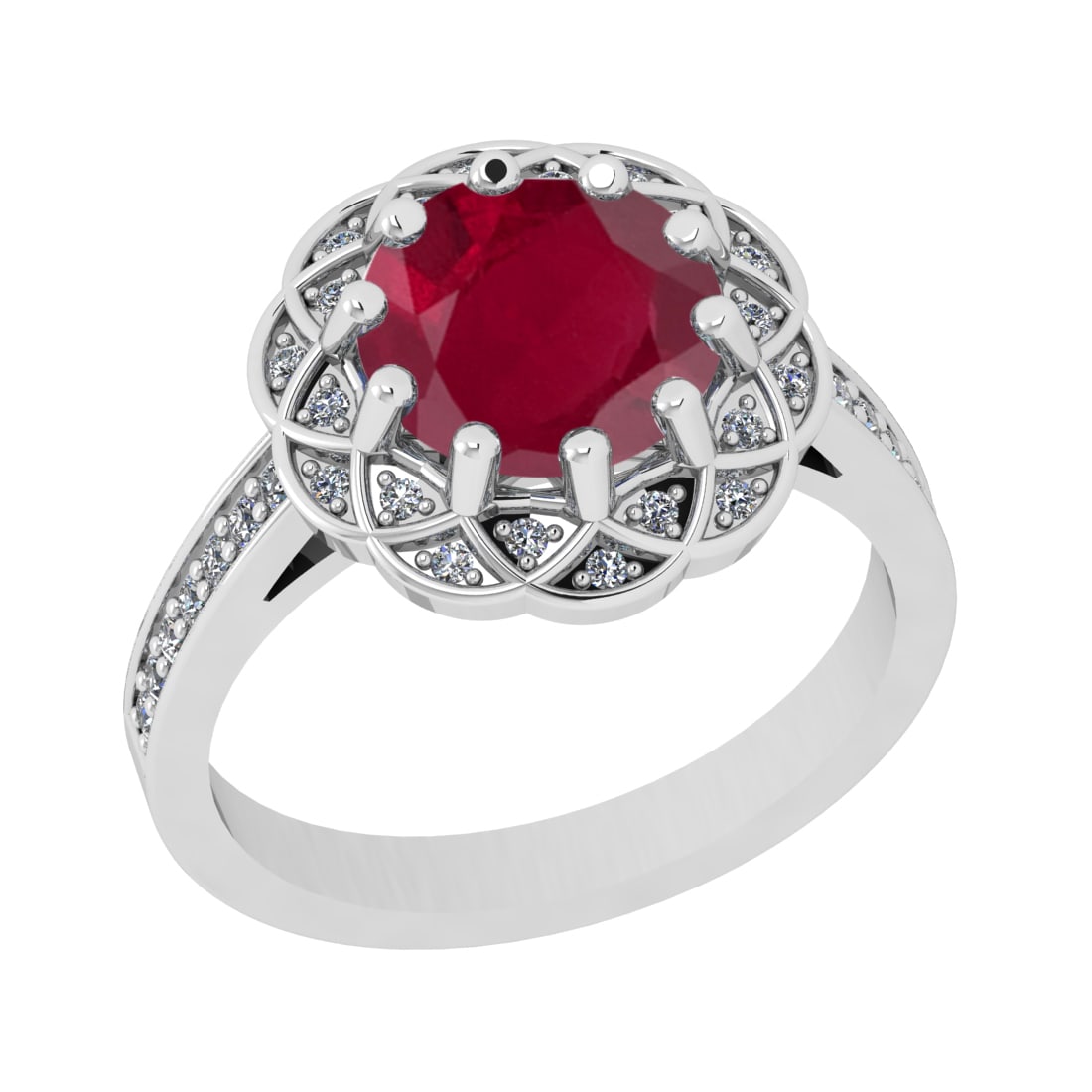 2.68 Ctw VS/SI1 Rubyand Diamond Prong Set 14k white Gold Engagement Ring: Center Stone Weight :-2.43 Ctw ( Round Cut ) Center Stone Color :-Ruby Center Stone Setting : Prong Side Diamond Weight Of Ctw :- 0.25 Ctw Color : J-K Clarity : VS/SI1 Daimond Setting : Prong Metal