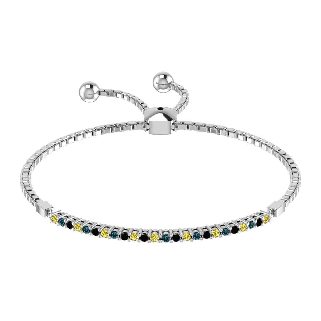 0.33 Ctw I2/I3 Treated Fancy black,Blue,Yellow diamond Prong Set 14k Yellow: Multi Daimond Weight :-0.33 Ctw Color : Treated Fancy black,Blue,Yellow diamond Clarity : I2/I3 Setting : Prong Metal Weight : Approx 5.60 gram 14k Yellow Gold Tennis Slide Bracelet MJ3413SB