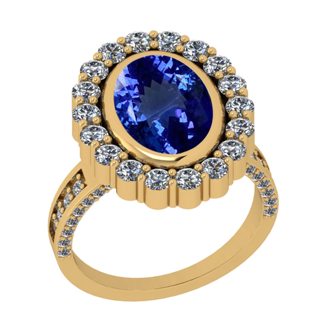 5.85 Ctw VS/SI1 Tanzanite And Diamond 18k Yellow Gold Cocktail Ring: Center Stone Weight : 4.15 Ctw (Oval Cut ) Center Stone Color : Tanzanite Stone Setting : Prong Side Stone Weight Of Ctw 1.70 Ctw Side Stone Color : J-K Stone Clarity : VS/SI1 Stone Setting : Prong Me