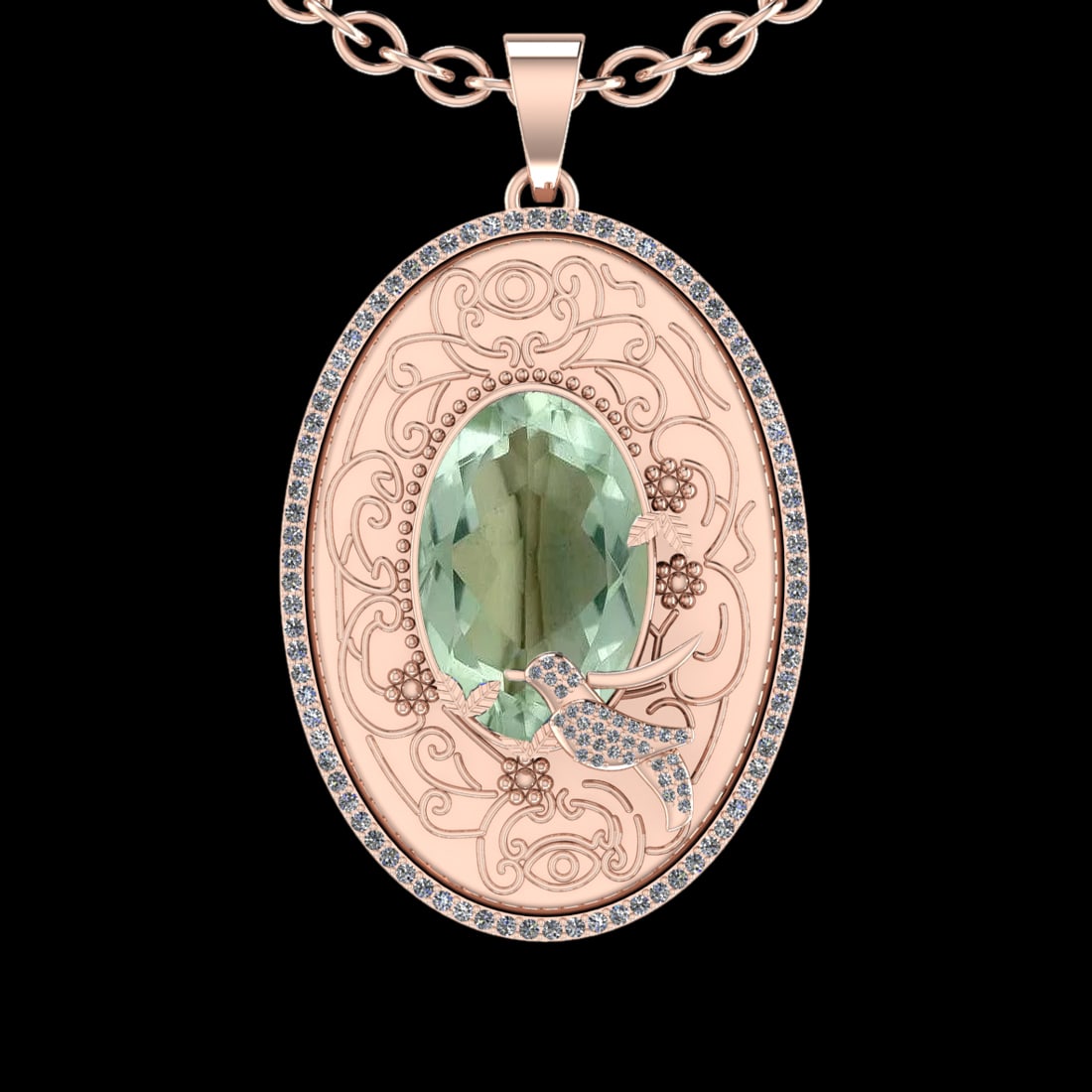 15.54 Ctw VS/SI1 Green Amethyst And Diamond 14k Rose Gold Pendant Neklace(: Center Stone Weight : 14.81 Ctw ( Oval Cut ) Center Stone Color : Green Amethyst Stone Setting : Prong Side Diamond Weight Of Ctw 0.73 Ctw Side Stone Color : J-K Stone Clarity : VS/SI1 Stone Setting :