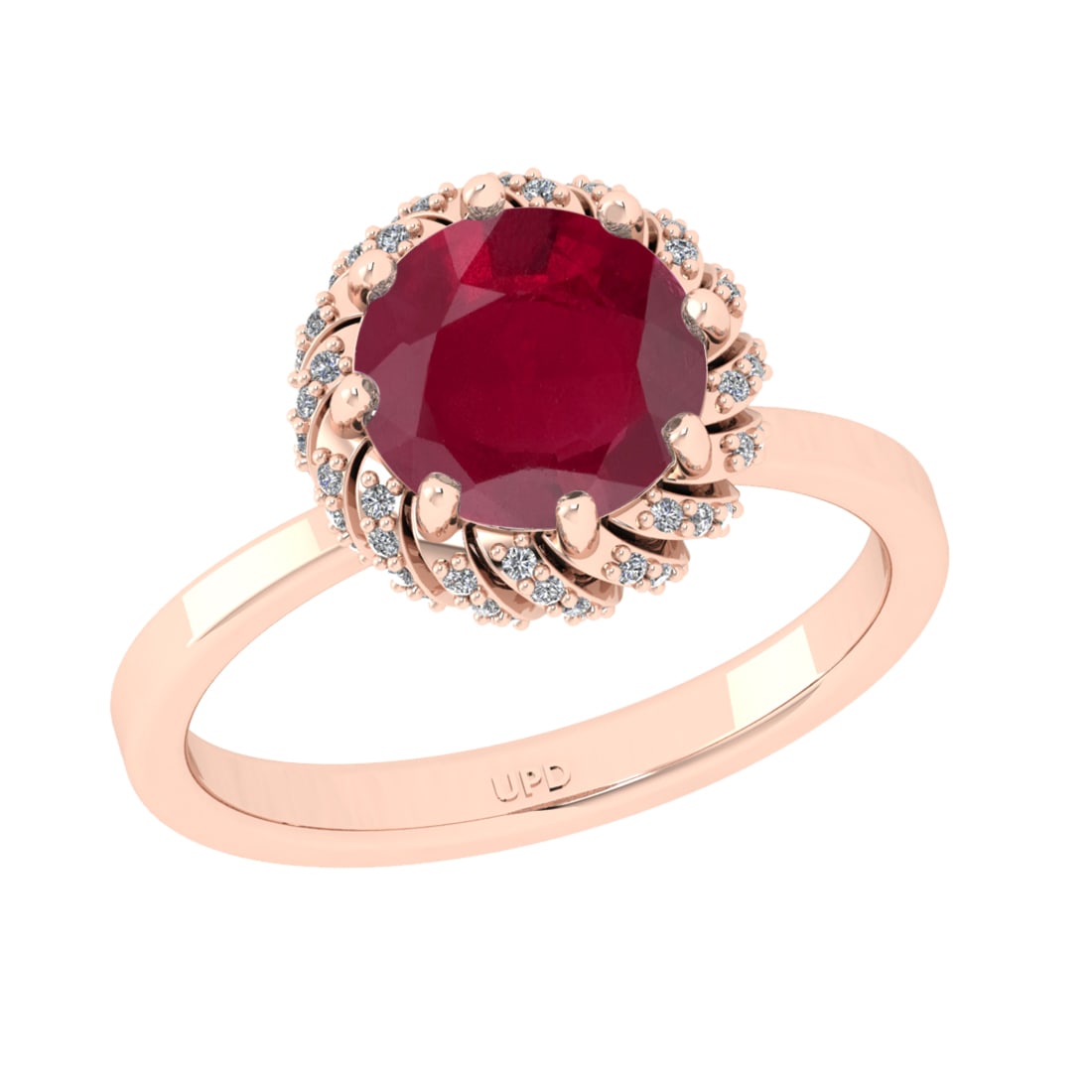 2.25 Ctw VS/SI1 Ruby and Diamond Prong Set 14K Rose Gold Engagement Ring: Center stone Weight :-: 2.00 Ctw ( Round Cut) Color :- Ruby Center Stone Setting : Prong Side Diamond Weight Of Ctw 0.25 Ctw Color : J-K Clarity : VS/SI1 Stone Setting : Prong Metal Weight : Approx 4.