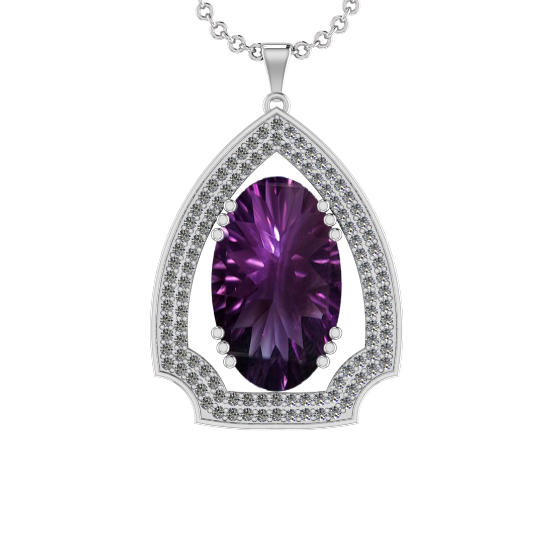 63.50 Ctw VS/SI1 Amethyst and Diamond Prong Set 14k White Gold Pendant (ALL: Center Stone Weight : 61.28 Ctw ( Oval Cut) Center Stone Color :-Amethyst Setting : Prong Side Weight Of Ctw 2.22 Ctw Color : J-K Clarity : VS/SI1 Stone Setting : Prong Metal Weight : Approx 16.70 gra
