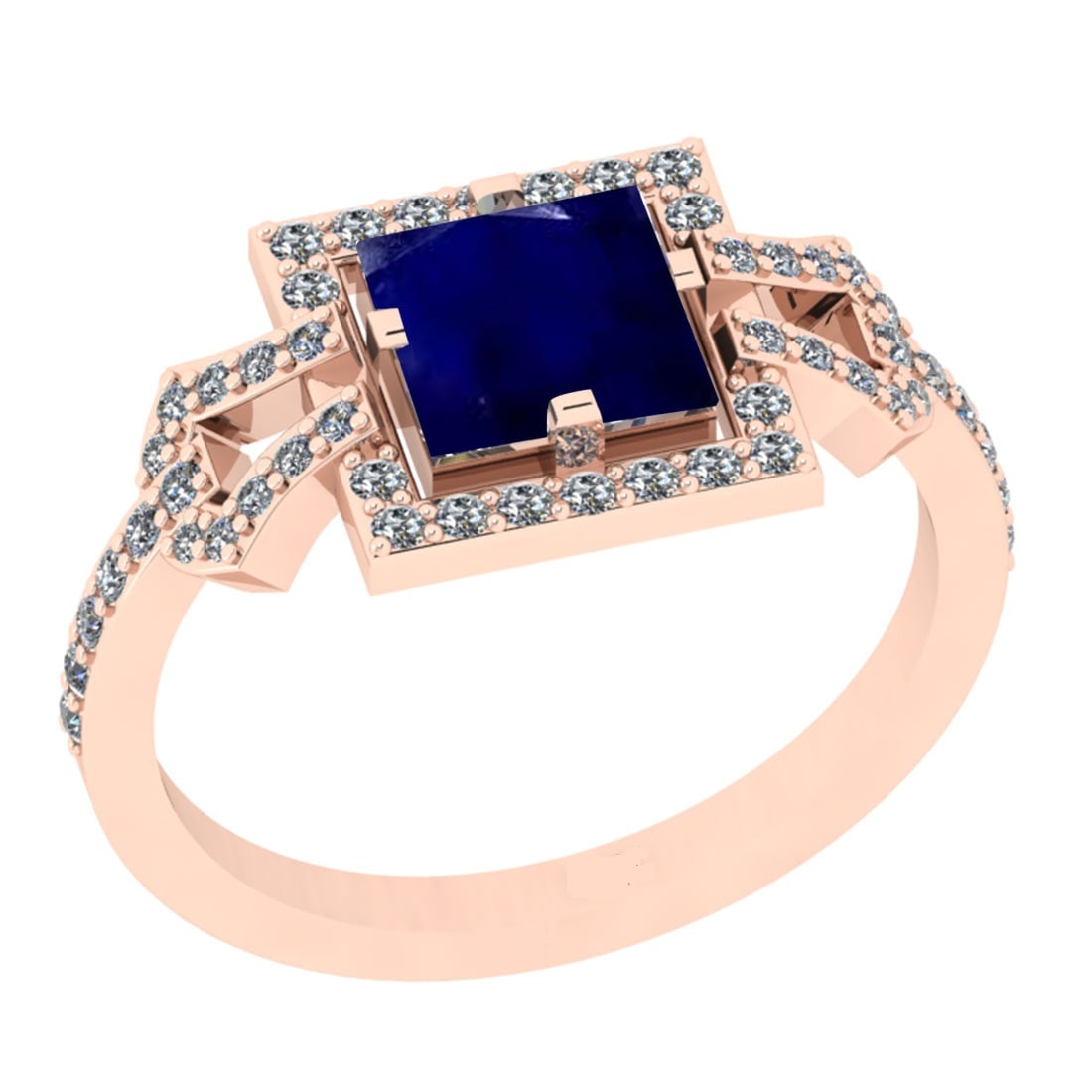 1.34 Ctw VS/SI1 Blue Sapphire And Diamond 14K Rose Gold Wedding Halo Ring: Center Stone Weight : 1.00 Ctw (Cushion Cut )Center Stone Color : Blue Sapphire Stone Setting : Prong Side Stone Weight Of Ctw 0.34 Ctw Side Stone Color : J-K Stone Clarity : VS/SI1 Stone Setting : Pr