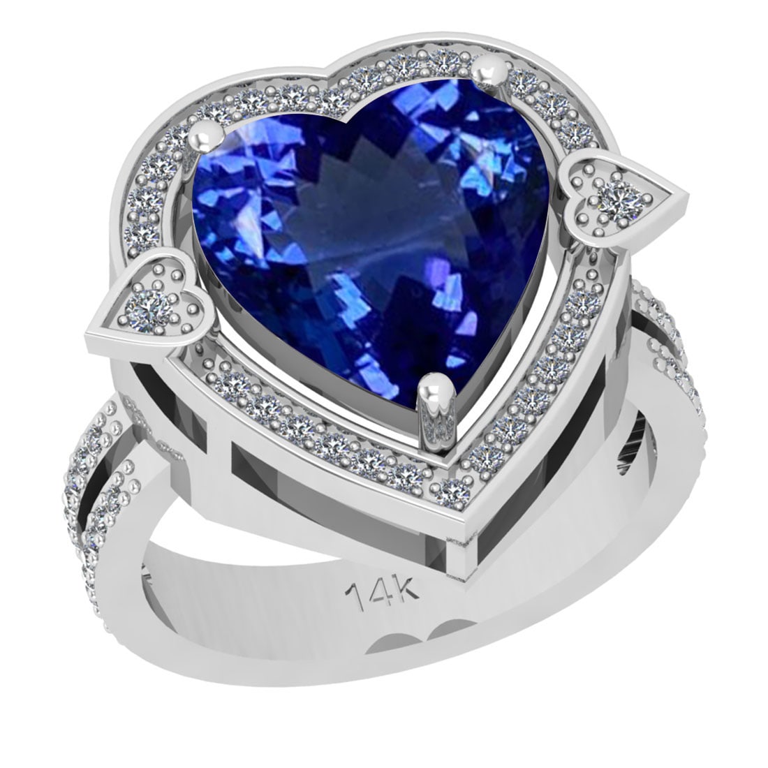 7.39 Ctw VS/SI1 Tanzanite And Diamond 18k White Gold Cocktail Ring: Center Stone Weight : 7.03 Ctw (Heart Cut ) Center Stone Color : Tanzanite Stone Setting : Prong Side Stone Weight Of Ctw 0.36 Ctw Side Stone Color : J-K Stone Clarity : VS/SI1 Stone Setting : Prong M