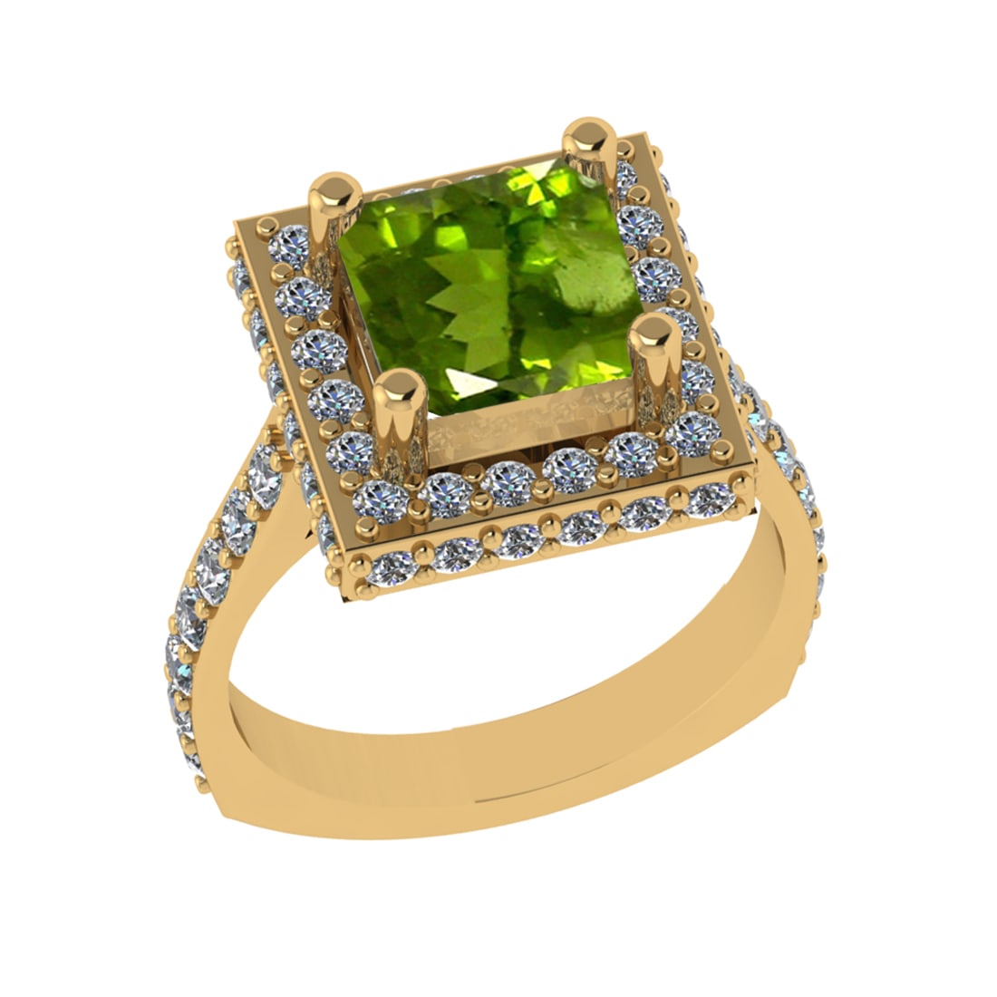 3.21 Ctw VS/SI1 Peridot And Diamond 14K Yellow Gold Engagement Ring( ALL DI: Center Stone Weight : 1.80 Ctw ( Princess Cut ) Center Stone Color : Peridot Stone Setting : Prong Side Diamond Weight Of Ctw 1.41 Ctw Side Stone Color : J-K Stone Clarity : VS/SI1 Stone Setting :