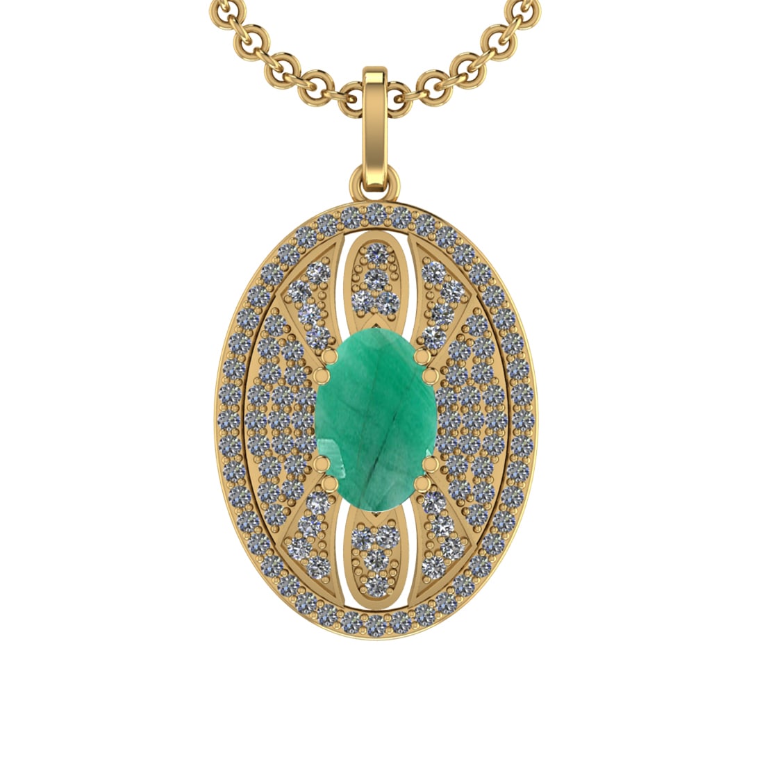 5.15 Ctw VS/SI1 Emerald and Diamond 14K Yellow Gold Pendant (ALL DIAMOND AR: Center Stone Weight :-3.50 Ctw ( Oval Cut) Color :- Emerald Setting : Prong Side Diamond Weight Of Ctw 1.65 Ctw Color : J-K Clarity : VS/SI1 Stone Setting : Prong Metal Weight : Approx 10.50 gram 14K