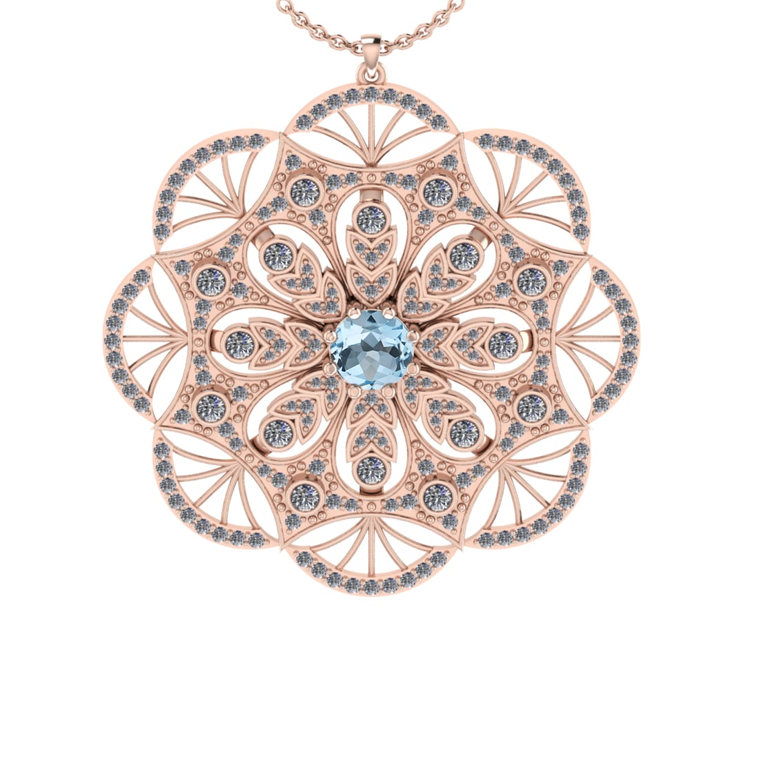 2.47 Ctw VS/SI1 Blue Topaz and Diamond Set 10K Rose Gold Pendant (ALL DIAMO: Center Stone Weight :-0.84 Ctw ( Round Cut) Center Stone Color :-Blue Topaz Center Stone Setting : Prong Side Diamond Weight Of Ctw 1.63 Ctw Color : J-K Clarity : VS/SI1 Daimond Setting : Prong Metal
