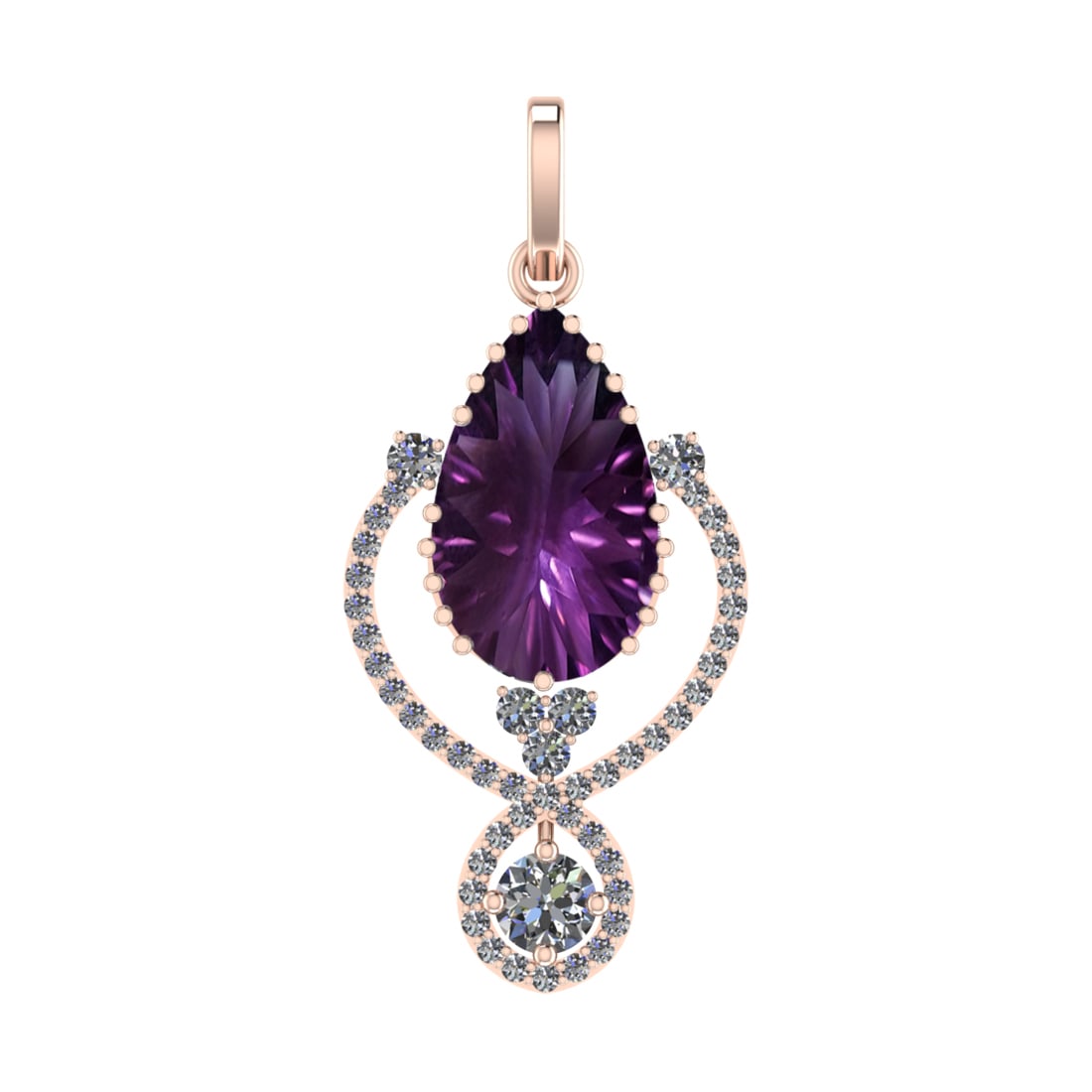 75.18 Ctw SI2/SI1 Amethyst and Diamond Prong Set 14k Rose Gold Pendant (ALL: Center Stone Weight :-65.66 Ctw ( Pear Cut) Center Stone Color :-Amethyst Center Stone Setting : Prong Side Diamond Weight Of Ctw 9.52 Ctw Color : F-G Clarity : SI2/SI1 Stone Setting : Prong Metal Wei