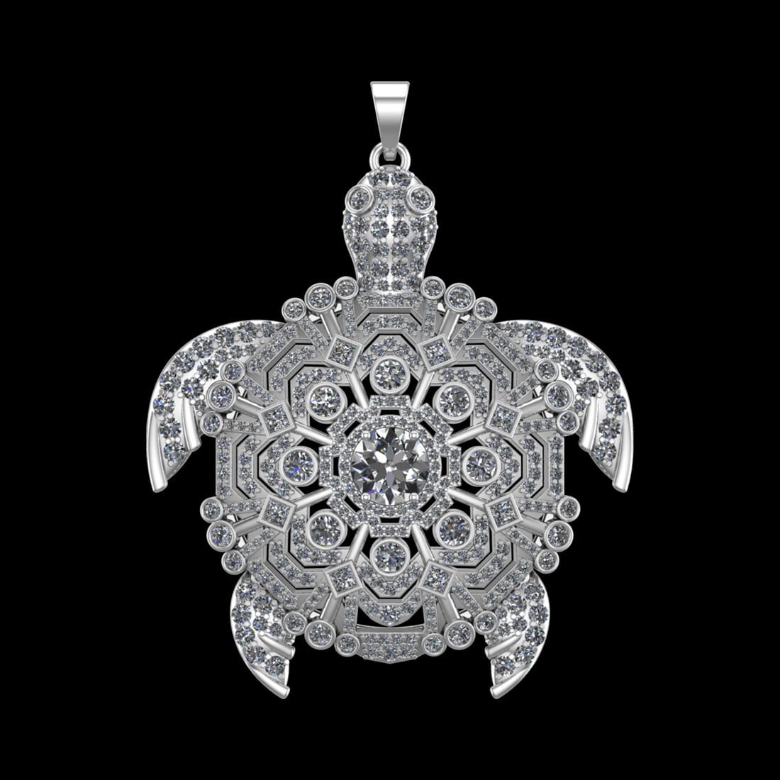 11.77 Ctw SI1/SI2Diamond Prong Set 10k white Gold Turtle Theme Pendant (ALL: Center Daimond Weight :-2.75 Ctw ( Round Cut) Color : J-K Clarity : SI1/SI2 Side Diamond Weight Of Ctw 9.02 Ctw Color : J-K Clarity : SI1/SI2 Daimond Setting : Prong Metal Weight : Approx 46.22 gram 1