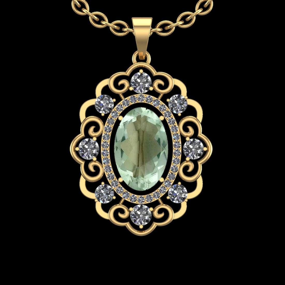20.23 Ctw VS/SI1 Green Amethyst And Diamond 14K Yellow Gold Necklace( ALL D: Center Stone Weight : 16.18 Ctw ( Oval Cut ) Center Stone Color : Green Amethyst Stone Setting : Prong Side Diamond Weight Of Ctw 4.05 Ctw Side Stone Color : J-K Stone Clarity : VS/SI1 Stone Setting