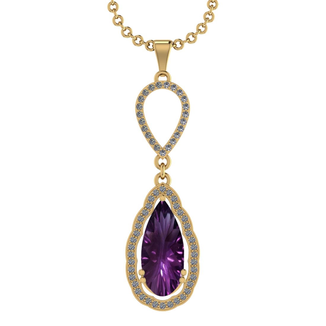 13.84 Ctw VS/SI1 Amethyst and Diamond Prong Set 14k Yellow Gold Pendant (AL: Center Stone Weight : 13.36 Ctw ( Pear Cut) Center Stone Color :-Amethyst Setting : Prong Side Weight Of Ctw 0.48 Ctw Color : J-K Clarity : VS/SI1 Stone Setting : Prong Metal Weight : Approx 5.80 gram