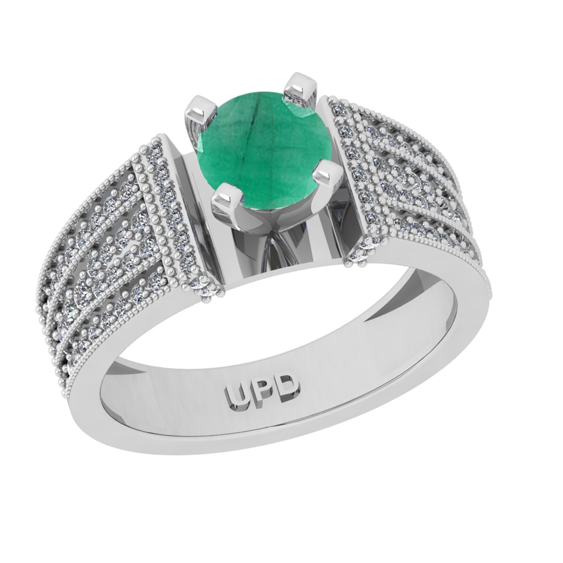 1.26 Ctw VS/SI1 Emerald and Diamond 14k white Gold Engagement Ring (ALL DIA: Center Stone Weight :-0.84 Ctw ( Round Cut) Center Stone Color :-Emerald Center Stone Setting : Prong Side Diamond Weight Of Ctw :- 0.42 Ctw Color : J-K Clarity : VS/SI1 Daimond Setting : Prong Metal