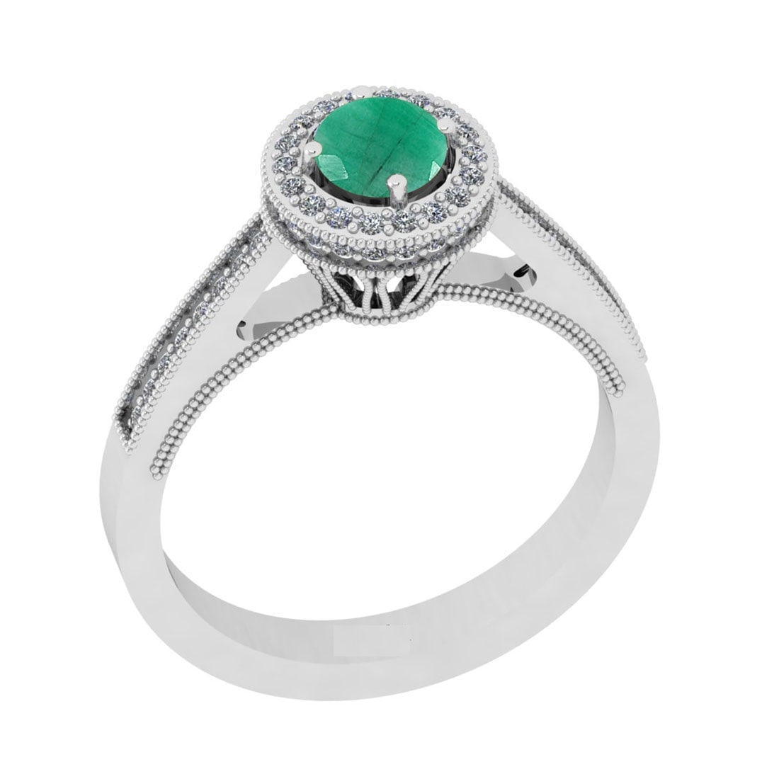 0.82 Ctw VS/SI1 Emerald And Diamond 14K White Gold Engagement Halo Ring: Center Stone Weight : 0.50 Ctw (Round Cut) Center Stone Color : Emerald Stone Setting : Prong Side Stone Weight Of Ctw 0.32 Ctw Side Stone Color : J-K Stone Clarity : VS/SI1 Stone Setting : Prong Meta