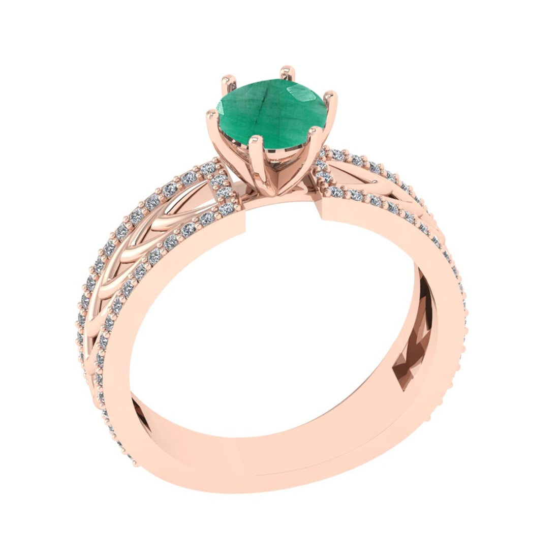 1.36 Ctw VS/SI1 Emerald and Diamond Prong Set 14K Rose Gold Engagement Ring: Center Stone Weight : 1.00 Ctw (Round Cut) Center Stone Color : Emerald Setting : Prong Side Weight Of Ctw 0.36 Ctw Color : J-K Clarity : VS/SI1 Stone Setting : Prong Metal Weight : Approx 4.60 gram 1