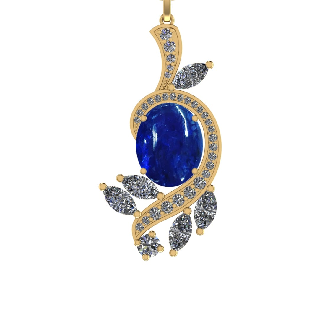 49.08 Ctw SI1/SI2 Tanzanite and Diamond 14k Yellow Gold Pandant (ALL DIAMON: Center Stone Weight :-38.47 Ctw ( Oval Cab) Center Stone Color :-Tanzanite Center Stone Setting : Prong Side Diamond Weight Of Ctw 10.61 Ctw Color : J-K Clarity : SI1/SI2 Stone Setting : Prong Metal W