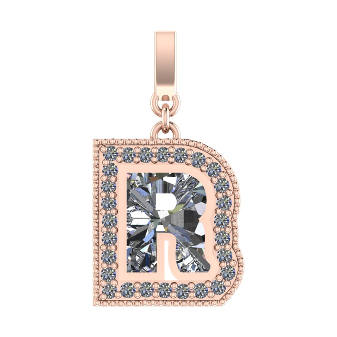1.10 Ctw SI2/SI1 Diamond Prong Set 14k Rose Gold Alphabet-R Pendant (ALL DI: Center Daimond Weight :-0.89 Ctw Color : White Side Diamond Weight Of Ctw 0.21 Ctw Color : G-H Clarity : SI2/SI1 Daimond Setting : Prong Metal Weight : Approx 3.99 gram 14k Rose Gold Alphabet-R Pendan