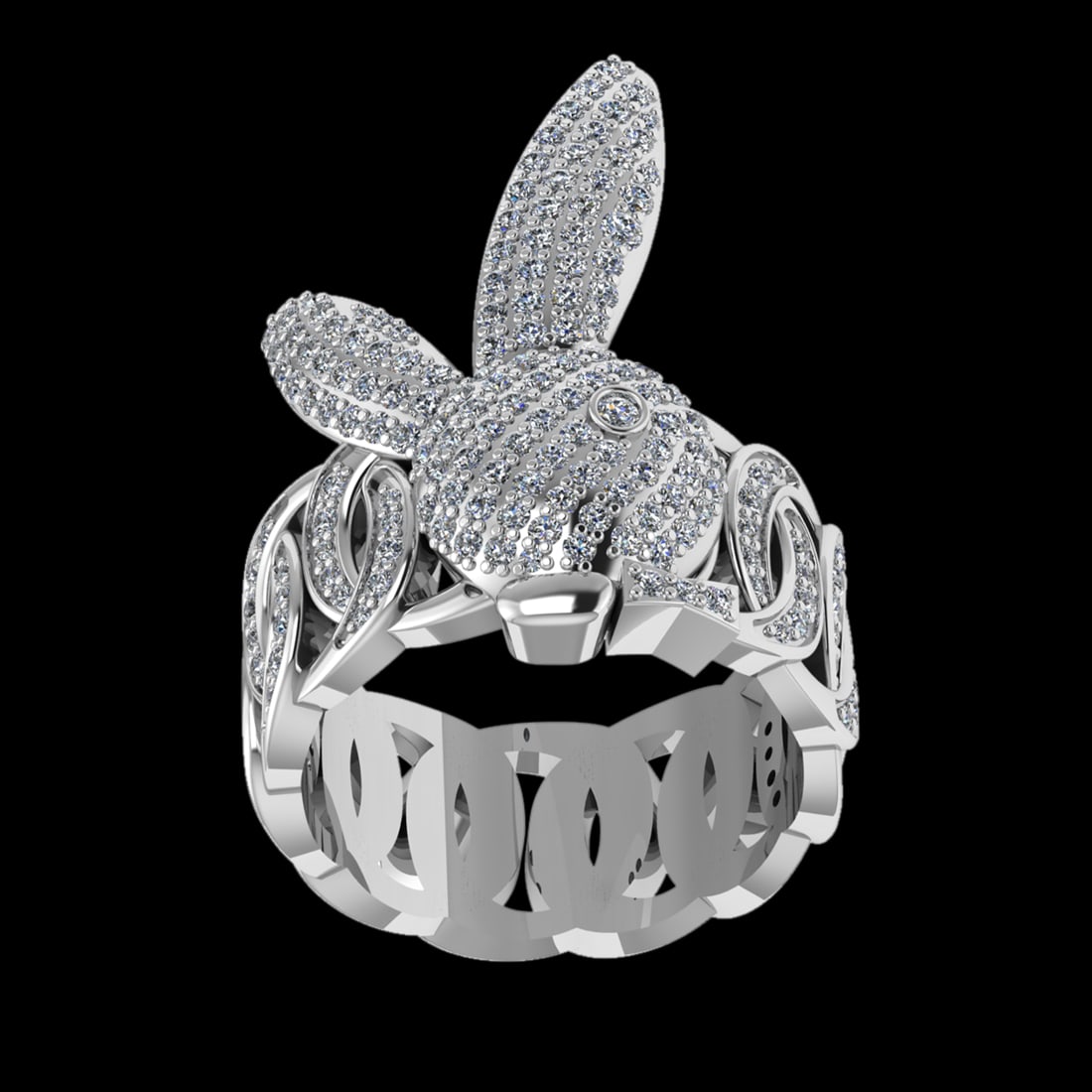 1.40 Ctw VS/SI1 Diamond 10k White Gold rabbit theme Ring (ALL DIAMOND ARE L: Total Diamond Weight :-1.40 Ctw (Round cut) Color :- J-K Clarity : VS/SI1 Setting : Prong Metal Weight : Approx 15.90gram 10k White Gold rabbit theme Ring Current Ring Size-7(ALL DIAMOND ARE LAB