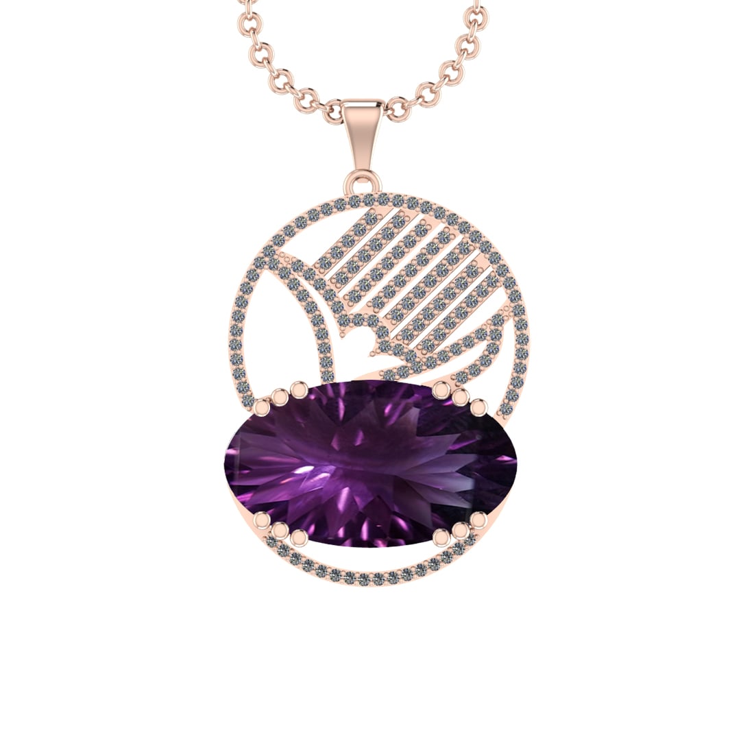 48.72 Ctw VS/SI1 Amethyst and Diamond Prong Set 14k Rose Gold Pendant (ALL: Center Stone Weight : 47.52 Ctw ( Oval Cut) Center Stone Color :-Amethyst Setting : Prong Side Weight Of Ctw 1.20 Ctw Color : J-K Clarity : VS/SI1 Stone Setting : Prong Metal Weight : Approx 9.70 gram