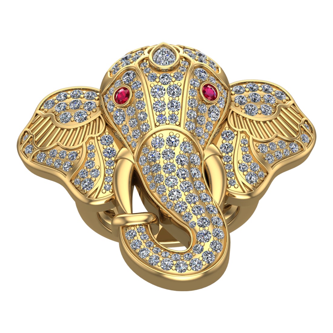 3.09 Ctw VS/SI1 Diamond 14k Yellow Gold Elephant theme Ring (ALL DIAMOND AR: Eye Stone Weight :- 0.08 Eye Stone Color :- (Ruby) Total Daimond Weight :-3.00 Ctw Color : G-H Clarity : VS/SI1 Setting : Prong Metal Weight : Approx 25.64 gram 14k Yellow Gold Elephant theme Ring Cur