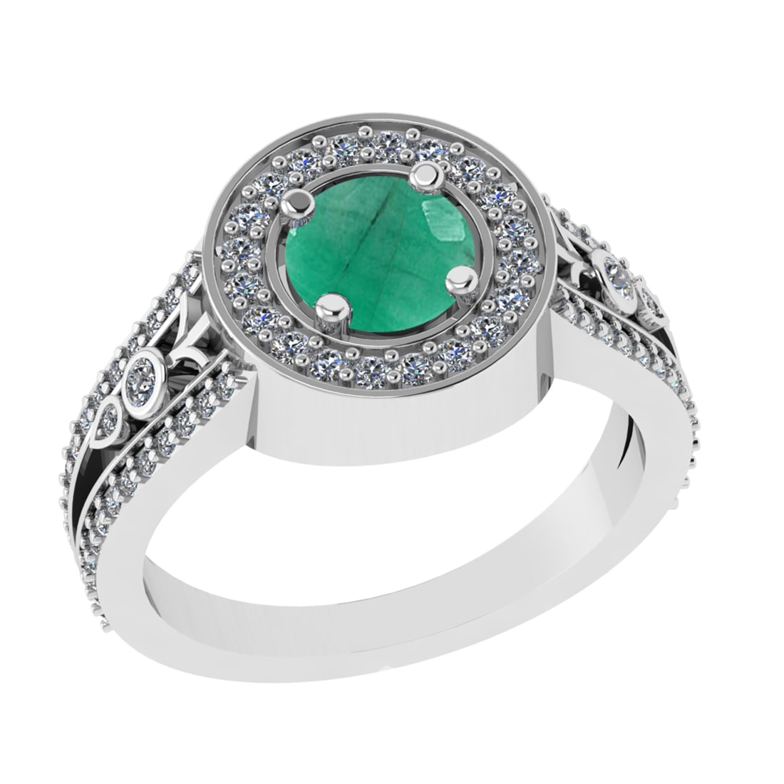 1.36 Ctw VS/SI1 Emerald and Diamond 14k white Gold Engagement Ring: Center Stone Weight :-0.84 Ctw ( Round Cut) Center Stone Color :-Emerald Center Stone Setting : Prong Side Diamond Weight Of Ctw :- 0.52 Ctw Color : J-K Clarity : VS/SI1 Daimond Setting : Prong Metal