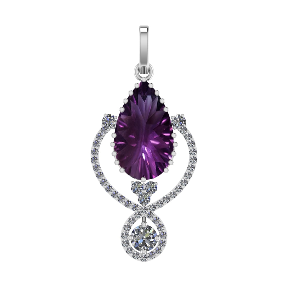 75.18 Ctw SI2/SI1 Amethyst and Diamond Prong Set 14k white Gold Pendant (AL: Center Stone Weight :-65.66 Ctw ( Pear Cut) Center Stone Color :-Amethyst Center Stone Setting : Prong Side Diamond Weight Of Ctw 9.52 Ctw Color : F-G Clarity : SI2/SI1 Stone Setting : Prong Metal Wei