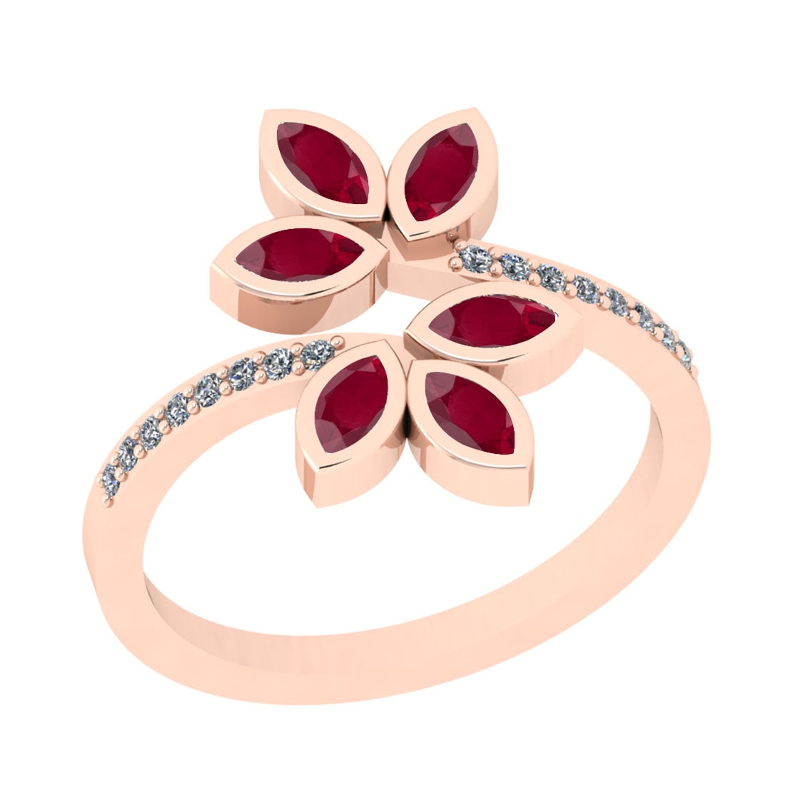 0.72 Ctw VS/SI1 Ruby And Diamond 14K Rose Gold Bypass Ring: Center Stone Weight : 0.60 Ctw (Marquise Cut) Center Stone Color : Ruby Stone Setting : Prong Side Stone Weight Of Ctw 0.12 Ctw Side Stone Color : J-K Stone Clarity : VS/SI1 Stone Setting : Prong Meta