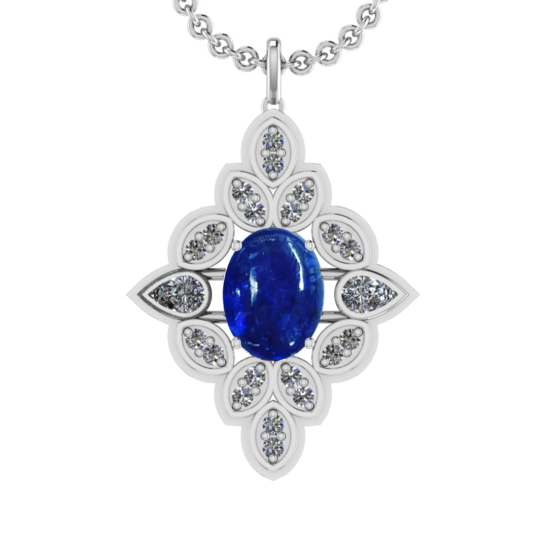 13.55 Ctw VS/SI1 Tanzanite and Diamond 14K White Gold Pendant: Center Stone Weight : 12.45 Ctw ( Oval Cab) Center Stone Color :-Tanzanite Setting : Prong Side Weight Of Ctw 3.10 Ctw Color : J-K Clarity :VS/SI1 Stone Setting : Prong Metal Weight : Approx 14.90 gra