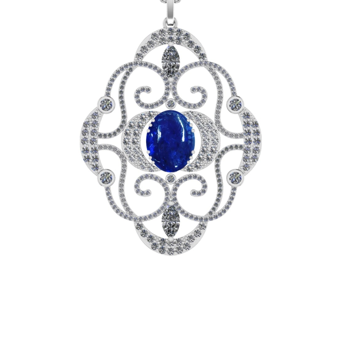 39.09 Ctw SI1/SI2 Tanzanite and Diamond 14k white Gold Pandant (ALL DIAMOND: Center Stone Weight :-27.00 Ctw ( Oval Cab) Center Stone Color :-Tanzanite Center Stone Setting : Prong Side Diamond Weight Of Ctw 12.09 Ctw Color : J-K Clarity : SI1/SI2 Stone Setting : Prong Metal W