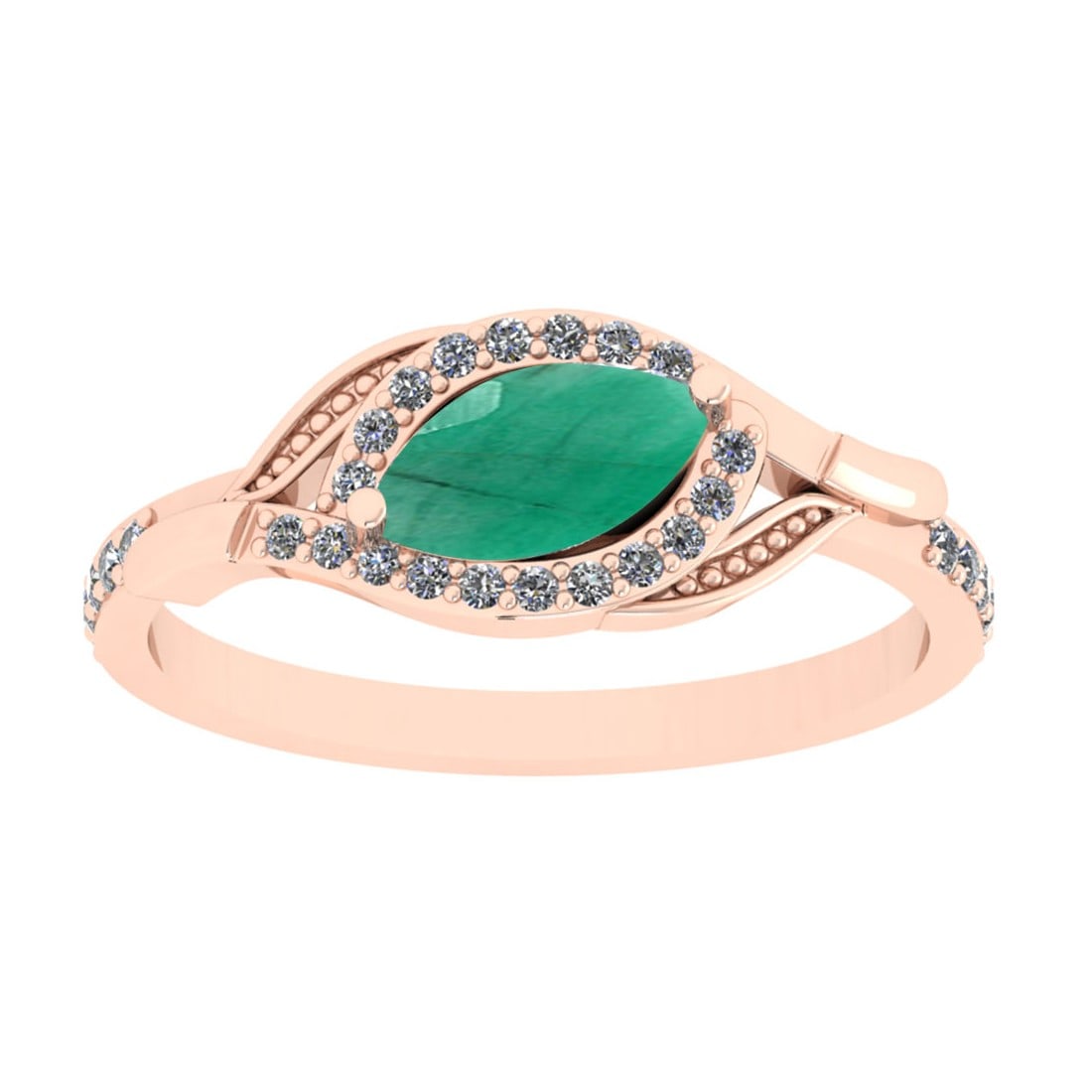0.57 Ctw VS/SI1 Emerald And Diamond 14K Rose Gold Engagement Ring: Center Stone Weight : 0.50 Ctw (Marquise Cut) Center Stone Color : Emerald Stone Setting : Prong Side Stone Weight Of Ctw 0.17 Ctw Side Stone Color : J-K Stone Clarity : VS/SI1 Stone Setting : Prong M
