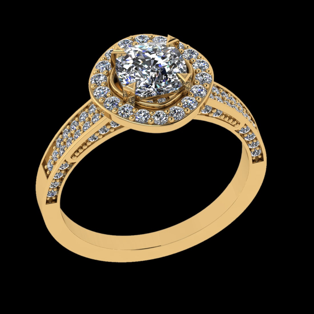 1.65 Ctw VS/SI1 Diamond Prong Set 18K Yellow Gold Engagement Ring: Center Diamond Weight :-1.00 Ctw ( Cushion Cut) Color :- G-H Clarity : VS/SI1 Center Stone Setting : Prong Side Diamond Weight Of Ctw 0.65 Ctw Color : G-H Clarity : VS/SI1 Stone Setting : Prong Metal