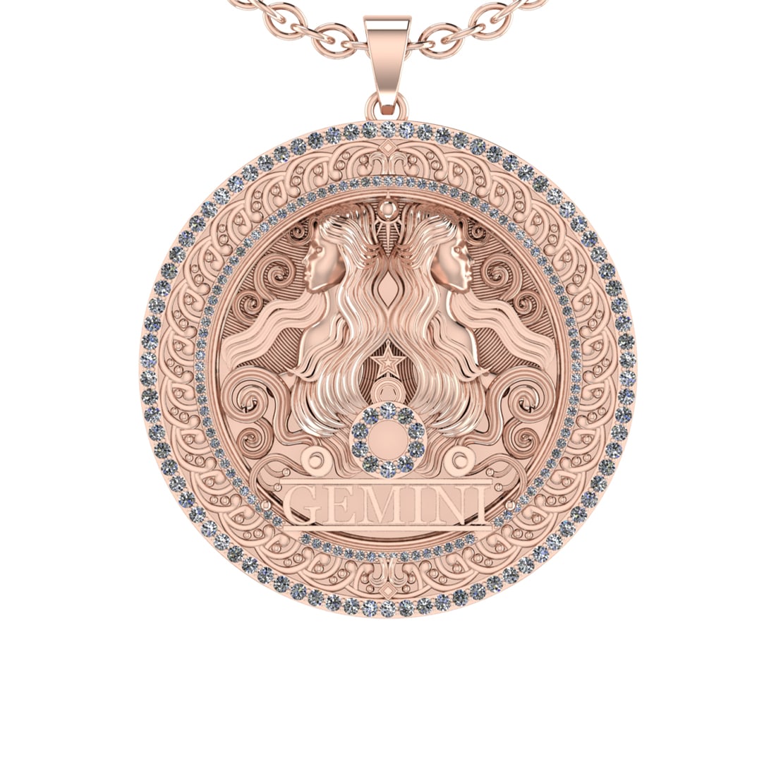 2.43 Ctw VS/SI1 Diamond 14K Rose Gold Zodiac sign theme Necklace (ALL DIAMO: Total Diamond Weight : 2.43 Ctw (Round cut) Center Diamond Color :- J-K Center Clarity : VS/SI1 Stone Setting : Prong Metal Weight : Approx 58.40 Gram 14K Rose Gold Zodiac sign theme Necklace (ALL DIA