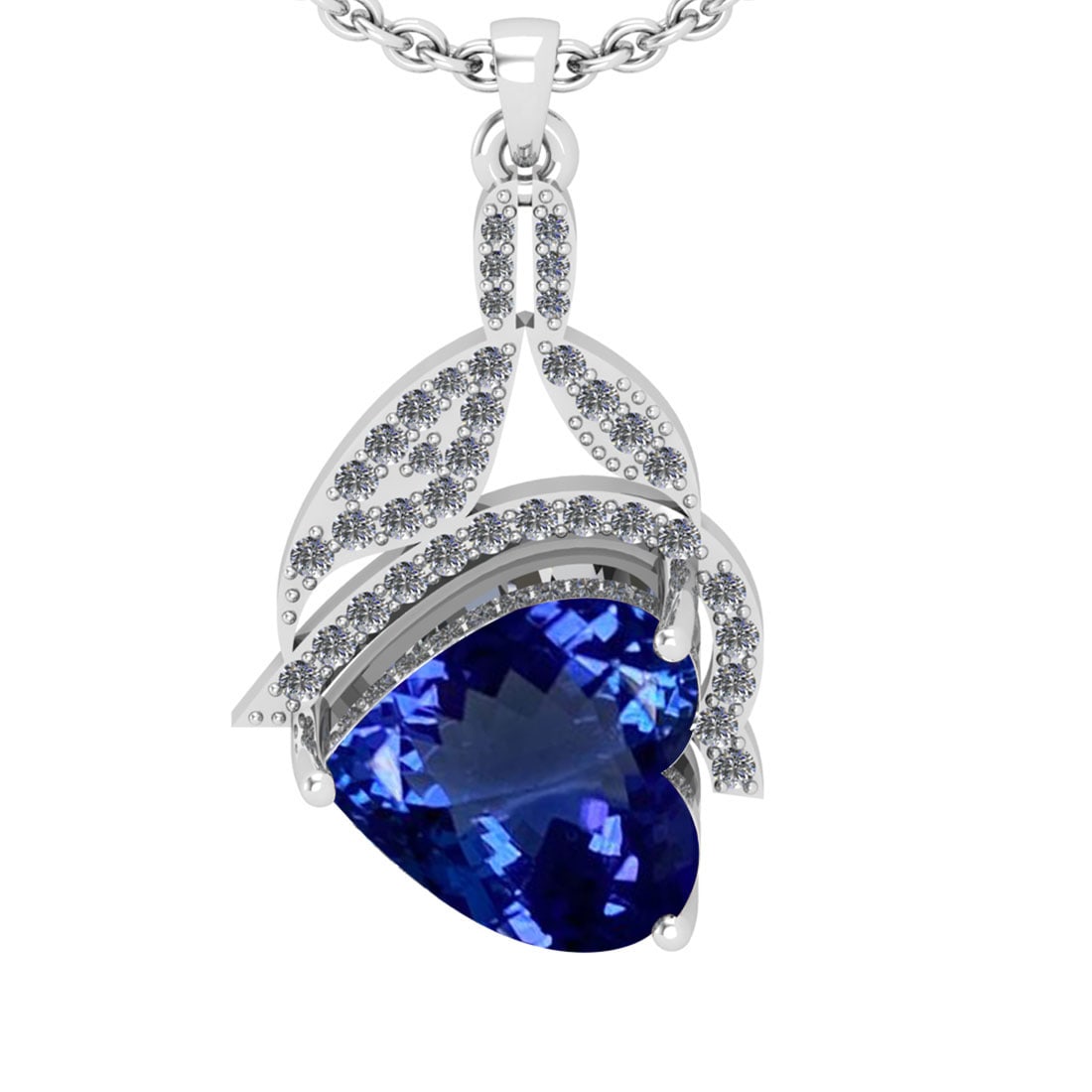 5.60 Ctw VS/SI1 Tanzanite And Diamond 18k White Gold Necklace(ALL DIAMOND A: Center Stone Weight : 5.28 Ctw (Heart Cut ) Center Stone Color : Tanzanite Stone Setting : Prong Side Stone Weight Of Ctw 0.32 Ctw Side Stone Color : J-K Stone Clarity : VS/SI1 Stone Setting : Prong