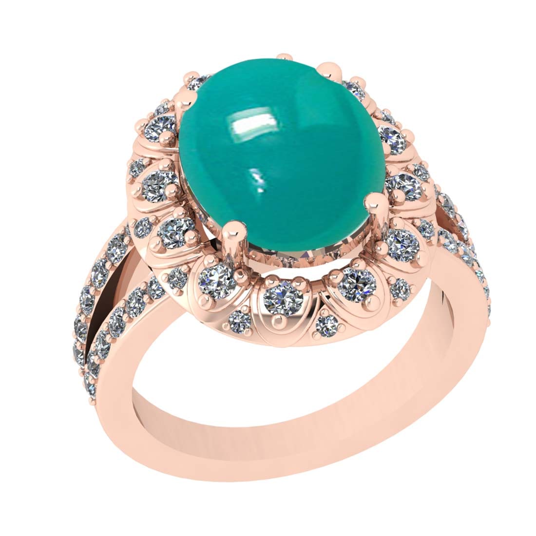 6.74 CtwVS/SI1 Emerald and Diamond 14k Rose Gold Engagement Ring: Center Stone Weight :-5.82 Ctw ( Oval Cab) Center Stone Color :-Emerald Center Stone Setting : Prong Side Diamond Weight Of Ctw :- 0.92 Ctw Color : J-K Clarity : VS/SI1 Daimond Setting : Prong Metal W