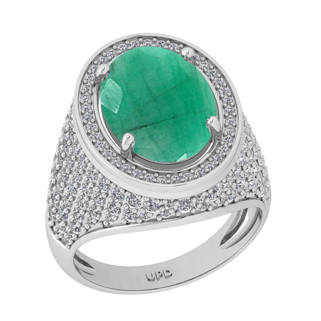 7.50 Ctw VS/SI1 Emerald And Diamond 14K White Gold Engagement Ring: Center Stone Weight : 5.90 Ctw ( Oval Cut ) Center Stone Color : Emerald Stone Setting : Prong Side Diamond Weight Of Ctw1.60 Ctw Side Stone Color : G-H Stone Clarity : VS/SI1 Stone Setting : Prong Me