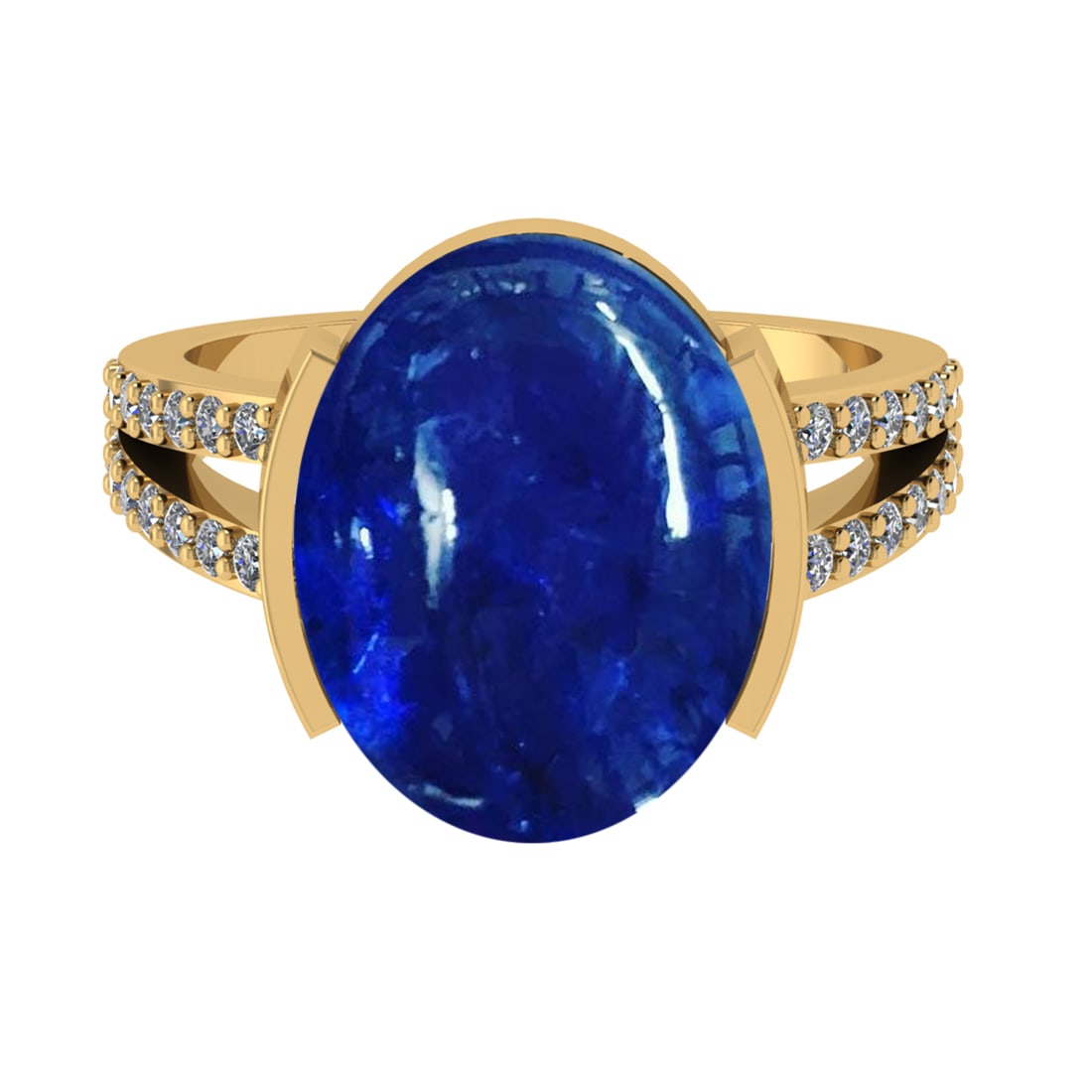 16.82 Ctw VS/SI1 Tanzanite and Diamond Prong Set 14K Yellow Gold Engagement: Color Stone Weight : 16.34 Ctw (Oval Cab) Stone Color :- Tanzanite Center Stone Setting : Prong Side Weight Of Ctw 0.48 Ctw Color : J-K Clarity : VS/SI1 Stone Setting : Prong Metal Weight : Approx 6.9