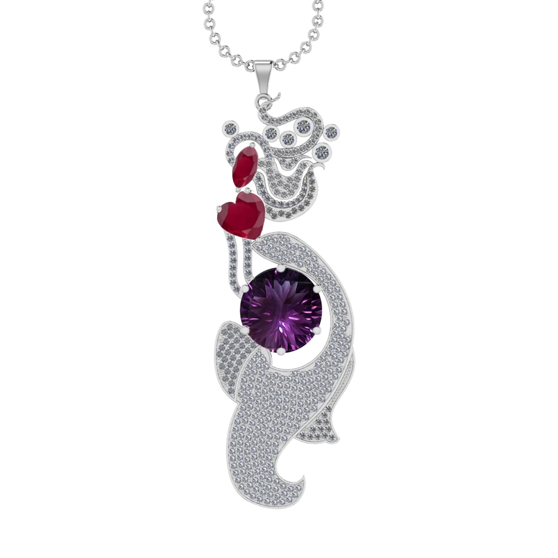 27.19 Ctw VS/SI1 Ruby,Amethyst and Diamond Prong Set 14k White Gold Pendant: Center Stone Weight : 24.29 Ctw ( Round Cut ) Center Stone Color :-Amethyst Color Stone Weight : 2.90 Ctw ( Heart & Marquise Cut) Center Stone Color :-Ruby Setting : Prong Side Weight Of Ctw 5.40 Ctw