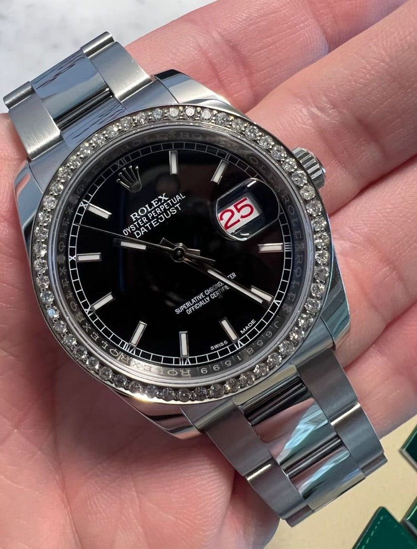 Rolex 36mm Datejust 116200 w/ custom Diamond Bezel (G-H, SI1-SI2) comes wit: Rolex 36mm Datejust 116200 w/ custom Diamond Bezel (G-H, SI1-SI2) comes with Box and Papers #3SS12643v8