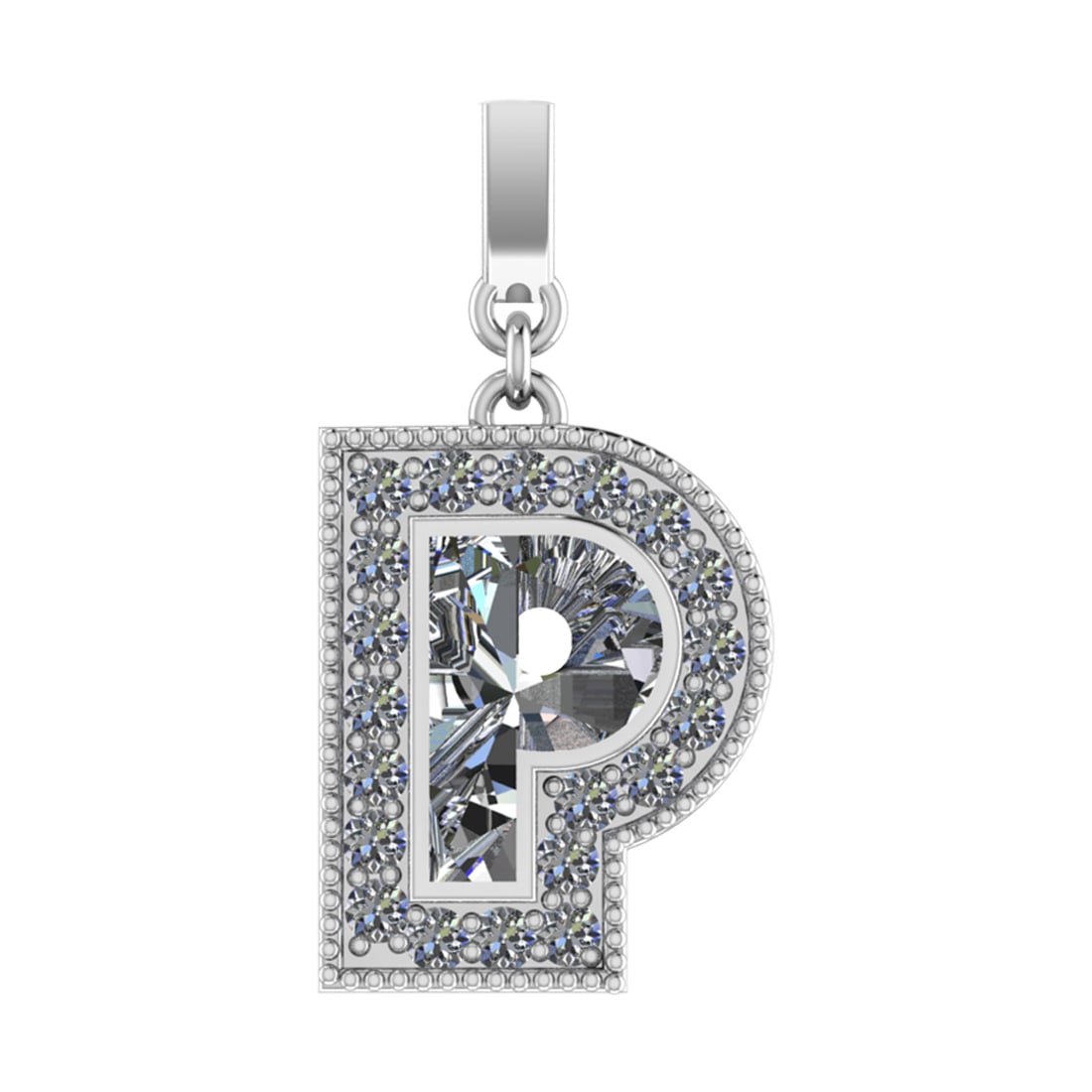 0.82 Ctw SI2/SI1 Diamond Prong Set 14k White Gold Alphaabet-P Pendant (ALL: Center Daimond Weight :-0.52 Ctw Color : White Side Diamond Weight Of Ctw 0.30 Ctw Color : G-H Clarity : SI2/SI1 Daimond Setting : Prong Metal Weight : Approx 3.73 gram 14k White Gold Alphaabet-P