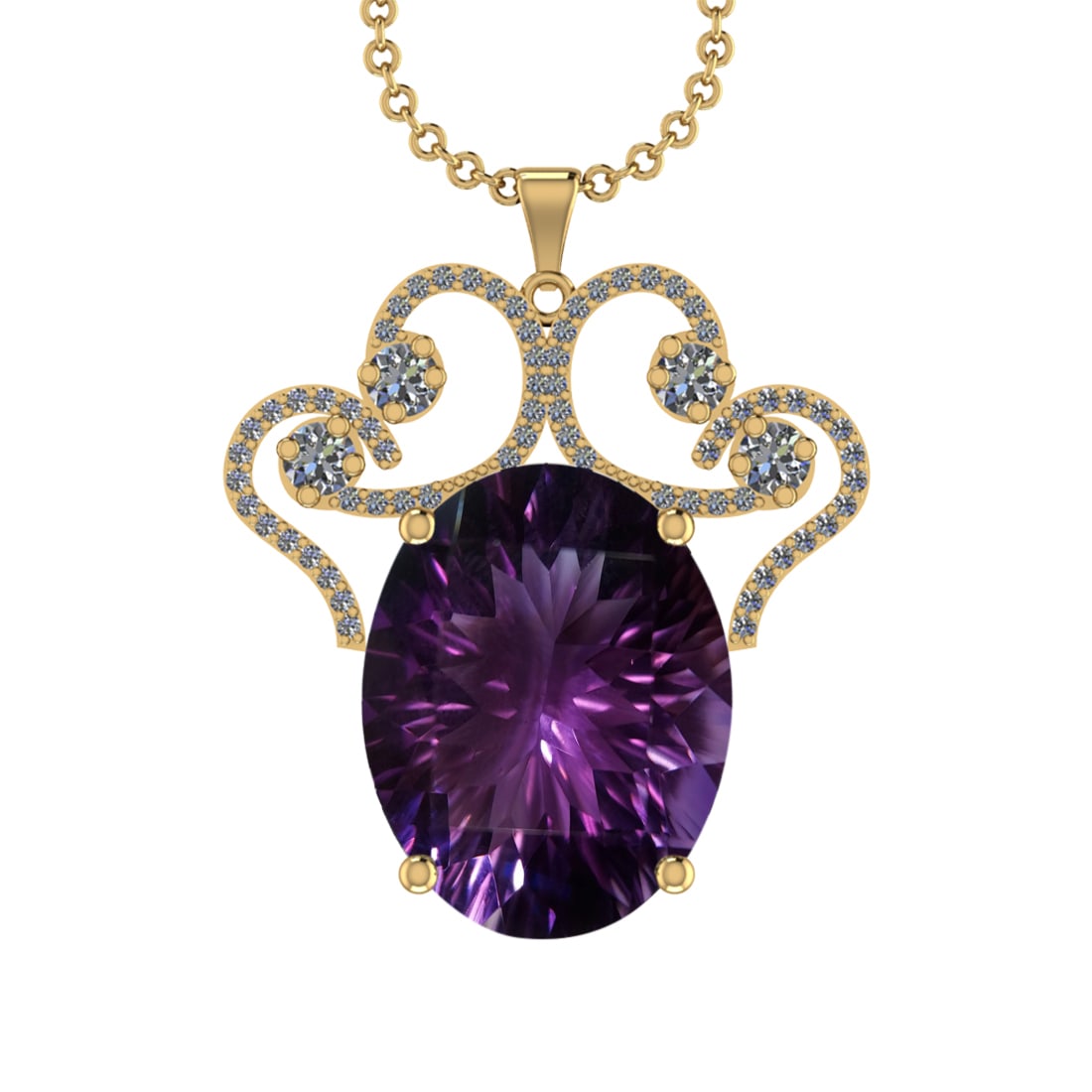 67.06 Ctw VS/SI1 Amethyst and Diamond 14K Yellow Gold Pendant (ALL DIAMOND: Color Stone Weight : 65.14 Ctw ( Oval Cut) Stone Color :- Amethyst Center Stone Setting : Prong Side Weight Of Ctw 1.92 Ctw Color : J-K Clarity : VS/SI1 Stone Setting : Prong Metal Weight : Approx 14.
