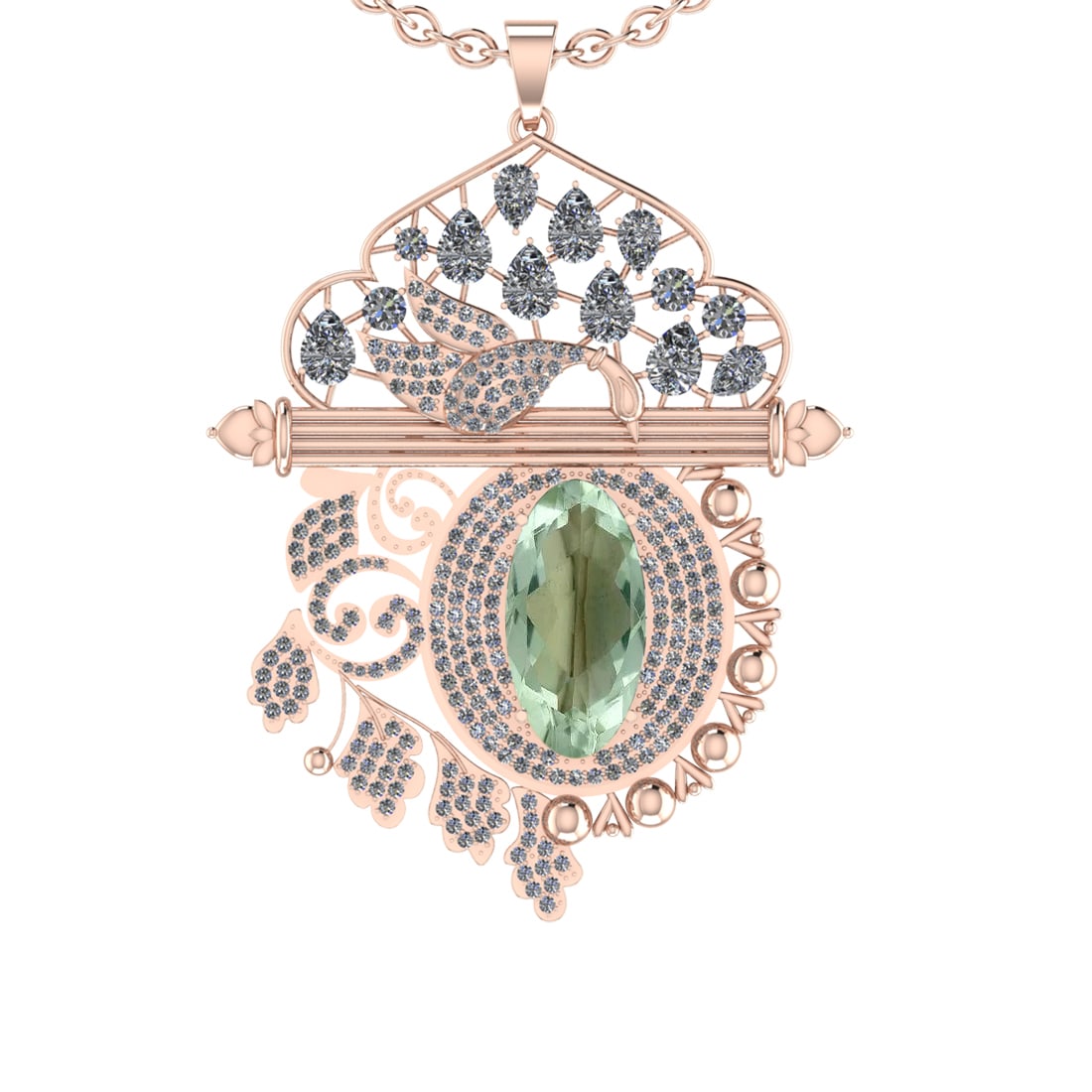22.47 Ctw I2/I3 Green Amethyst And Diamond 10K Rose Gold Necklace(ALL DIAMO: Center Stone Weight : 12.15 Ctw ( Oval Cut ) Center Stone Color : Green Amethyst Stone Setting : Prong Side Diamond Weight Of Ctw 10.32 Ctw Side Stone Color : J-K Stone Clarity : I2/I3 Stone Setting :